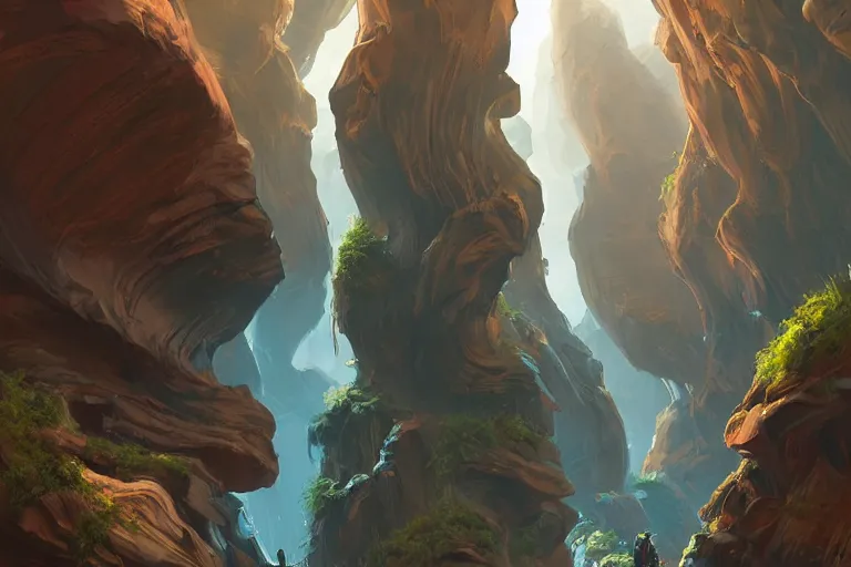 Image similar to futuristic cyberpunk city with lush garden located on rgb Antelope canyon, rocks formed by water erosion, beautiful smooth sandstone in unique shapes with light beams that shine through its walls, polish narrow slots of walls into a striated swirling finish, digital painting, concept art, smooth, sharp focus, from Star Trek 2021, illustration, by WLOP and Ruan Jia and Mandy Jurgens and William-Adolphe Bouguereau, Artgerm