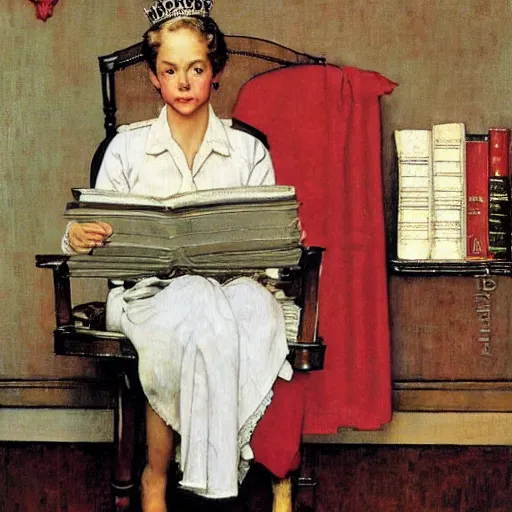 Image similar to The Queen of the Lawyers. A painting by Norman Rockwell.