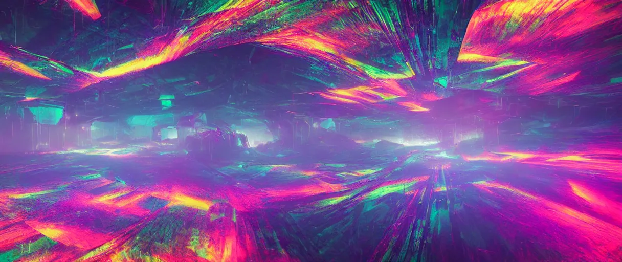 Image similar to dream landscape, simulation, glitch, volumetric object, physical particles, translucence, cinematic lighting, iridescence, by ash thorpe