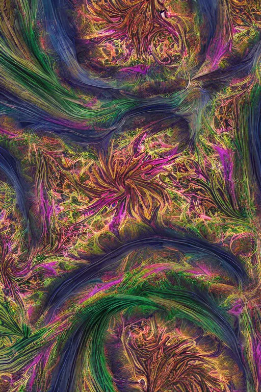 Prompt: hyperrealistic abstract close-up Renaissance psychedelic!! biotech architecture in the form of a mobius strip on a mountain landscape!!! beautiful fractal!! parts of the house hang as consoles in the form of lily petals, octane render, hd