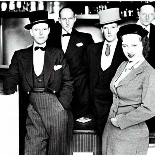 Image similar to business people standing at the bar in 1 9 4 0, top hats, business suits, beer, art deco style, simple shapes