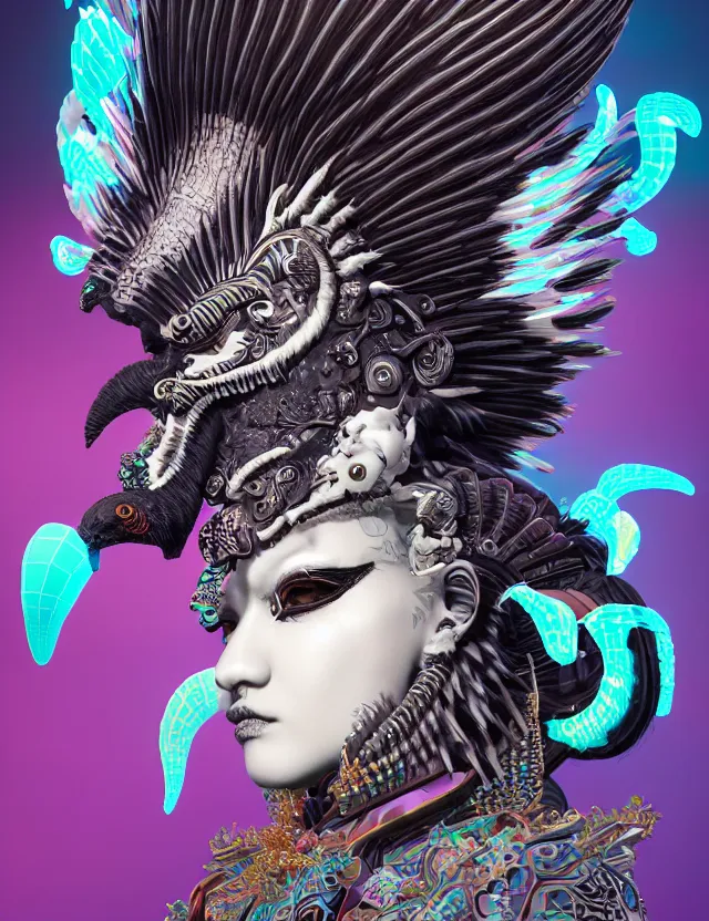 Image similar to 3 d goddess close - up profile portrait punk with mohawk with ram skull. beautiful intricately detailed japanese crow kitsune mask and clasical japanese kimono. betta fish, jellyfish phoenix, bio luminescent, plasma, ice, water, wind, creature, artwork by tooth wu and wlop and beeple and greg rutkowski