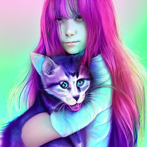 Prompt: girl with rainbow hair holding a cat, digital art, by Yoshitaka Amano, trending on artstation, 4k, highly detailed