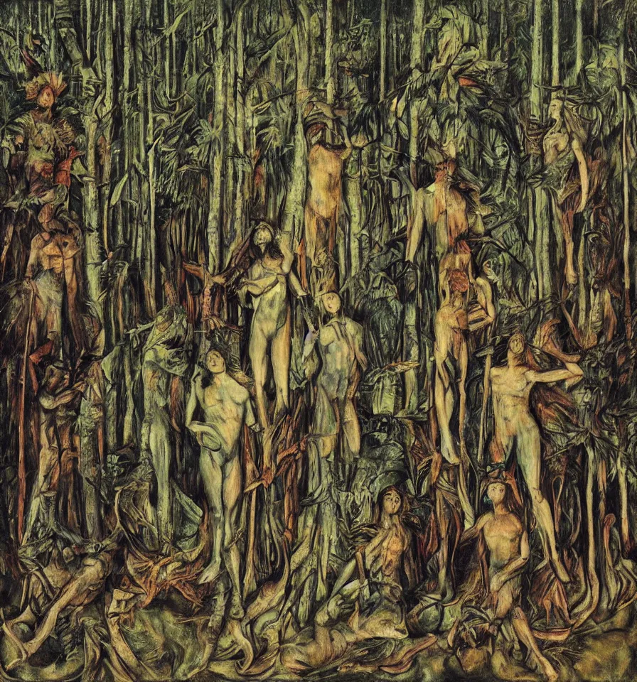 Prompt: four warrior angels lost in a forest painted by akseli gallen and ernst fuchs