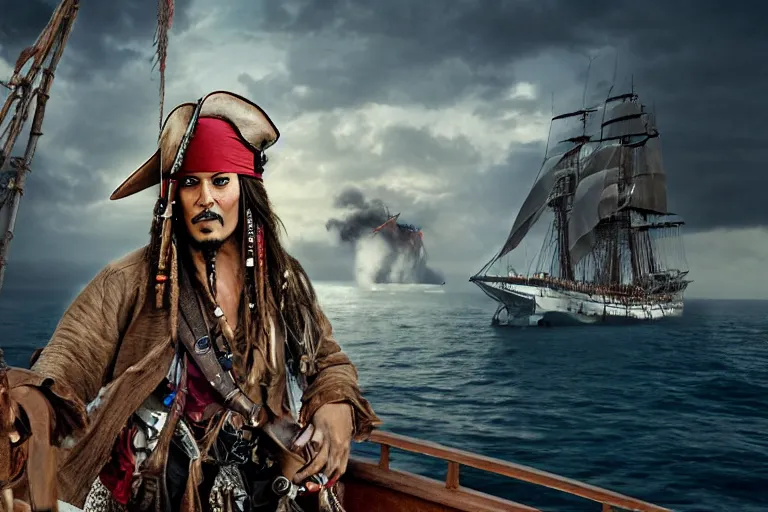 Prompt: jack sparrow playing a 2 neck guiter on a ship while the british fire cannons in the background, cinematic, dramatic, still, photograph, digital art, dynamic lighting, highly detailed, sharp focus