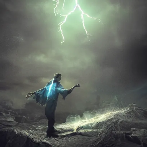 Prompt: a realistic detailed photo of a sorcerer, detailed body, lightning, magic, magic particles, fog, light particles, detailed light, realistic shaders, trending on artisation, detailed textures, detailed, realistic.