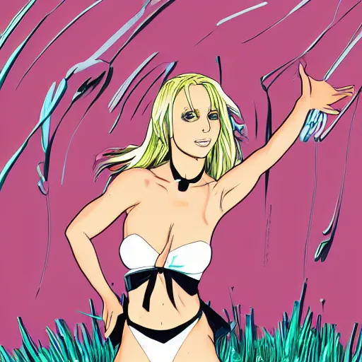 Prompt: britney spears, bunny suit, artwork in bleach art style, inspired in balthus, clean details, color palette, candy, anatomically proportional