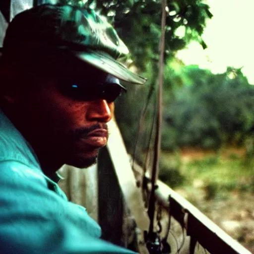 Prompt: film still, extreme far view, omar from the wire, jungle, vietnam door gunner, apocalypse now, associated press,, 2 6 mm, kodak ektachrome, blue tint expired film,