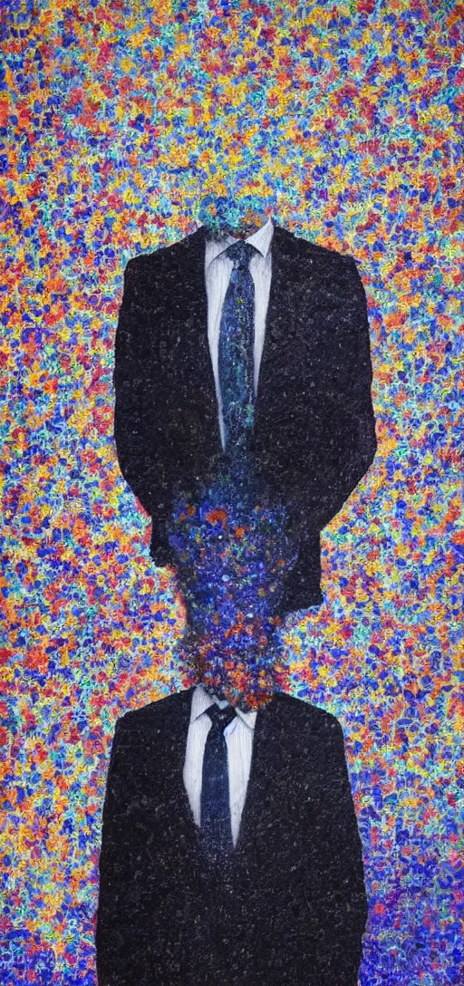 Image similar to oil painting of man in suit with mandelbrot fractal as head