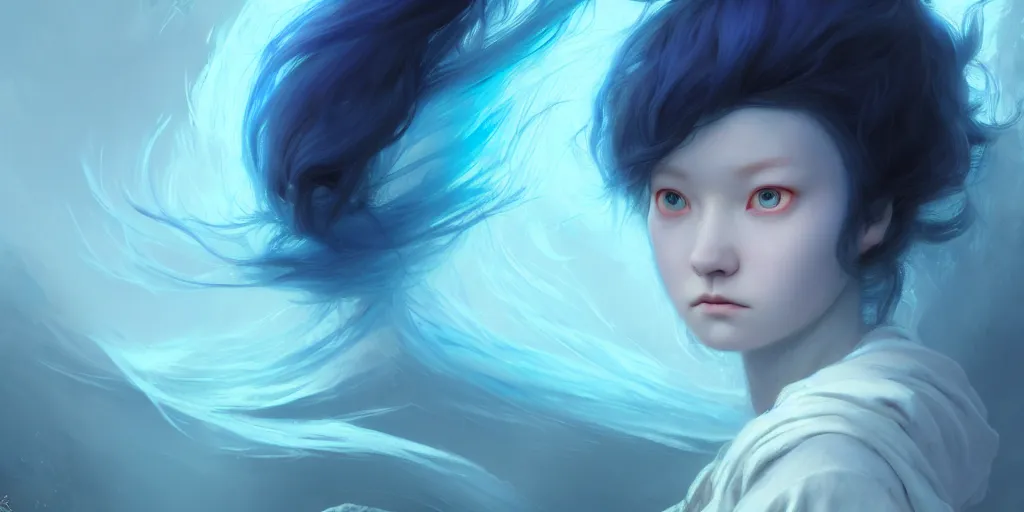 Image similar to portrait of a big eyed blue haired teenage girl looking sad to the camera, powder from the tv series arcane, extremely detailed digital painting, in the style of fenghua zhong and ruan jia and jeremy lipking and peter mohrbacher, mystical colors, rim light, beautiful lighting, 8 k, stunning scene, raytracing, octane, trending on artstation