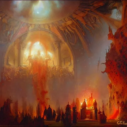 Image similar to a chapel's ceiling is broken in half as a red magical portal from hell opens up there. highly detailed painting by gaston bussiere, greg rutkowski 8 k