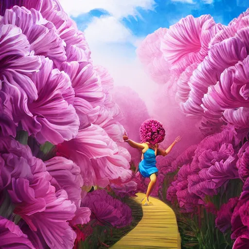 Prompt: huge carnation flower head, woman running between luxury apartments, surreal photography, sunlight, impressionist painting, digital painting, artstation, simon stalenhag