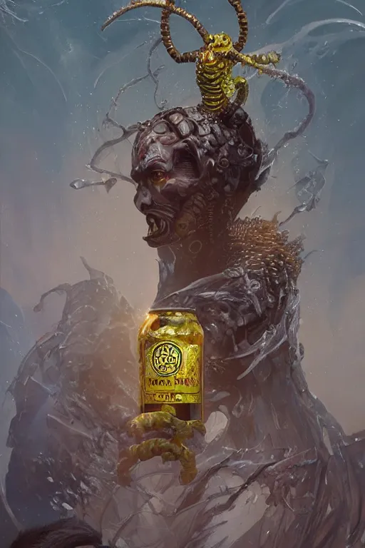 Image similar to hastur throwing back an ice cold natty lite, character art, concept art, painting by Yoann Lossel