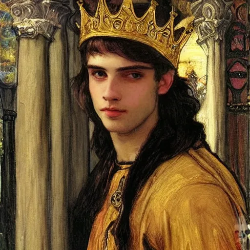 Image similar to painting of handsome beautiful medieval prince in his 2 0 s named shadow wearing a golden crown, elegant, soft facial features, clear, sharp focus, painting, stylized, art, art by john everett millais, john william waterhouse