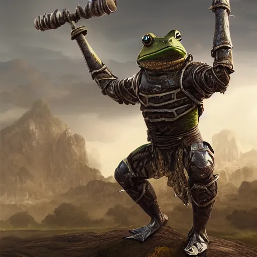 Prompt: a frog warrior with armour standing on two feet and lifting weights, cinematic lightning, artstation, hyperrealistic, extremely detailed, 8 k, trending, matte painting,