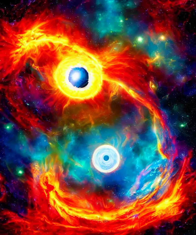 Prompt: blackhole, sun, space, bright colors, painting, perfect composition, phoenix flames, nebula clouds, soft tones