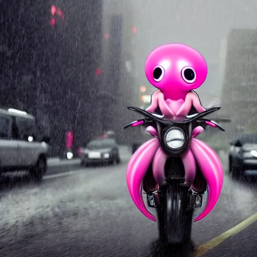 Prompt: hyper realistic, photo, humanoid pink female Squid girl, riding a motorcycle wheelie fast in the rainy city traffic