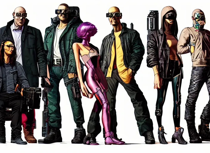 Image similar to cyberpunk heist crew. portrait by stonehouse and mœbius and will eisner and gil elvgren and pixar. character design. realistic proportions. dystopian. cyberpunk 2 0 7 7, apex, blade runner 2 0 4 9 concept art. cel shading. attractive face. thick lines. hi def 4 k. the team. detailed characters.