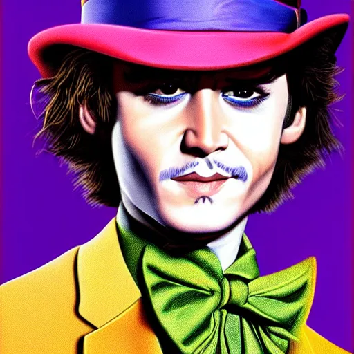 Image similar to portrait of young johnny depp as willy wonka, highly detailed, centered, solid color background, digital painting