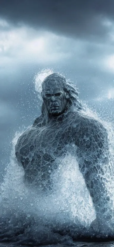 Image similar to colossus made of water, made of liquid, rising up from ocean, water armor, high detail, high contrast, close up portrait, studio lighting, stormy seas, beautiful, bokeh, snowy, storm clouds, god rays, d & d, fantasy, elegant, aquamarine color palette, concept art, roger deakins and greg rutkowski and alphonse mucha