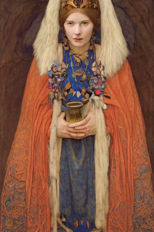 Image similar to portrait of the last queen of the dawn mountains with her lantern and regalia, by Annie Swynnerton and Nicholas Roerich and John Bauer and John William Godward and Donato Giancola and Vermeer, embroidered velvet, iridescent beetles, rich color, ornate headdress, flowing robes, lost runes, ancient civilizations, dramatic cinematic lighting, featured on Artstation, extremely detailed