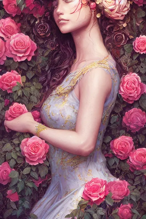 Prompt: beautiful woman in the middle of a lush garden with roses in her hair and an intricate gown, highly detailed, artstation, art by artgerm and greg rutkowski,