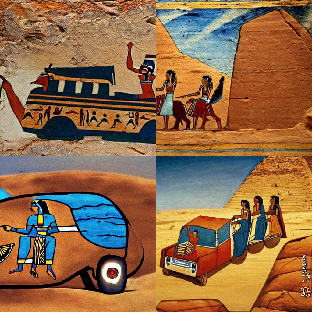 Prompt: egyptian rides in a car behind the wheel, rock painting, fresco