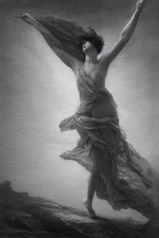 Prompt: dancer in the wind by gustave dore and greg rutkowski, light cone, reimagined by industrial light and magic