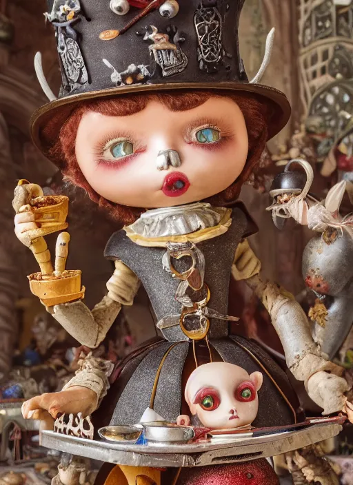 Prompt: closeup of a tin toy medieval witch eating cakes, depth of field, zeiss lens, detailed, symmetrical, centered, fashion photoshoot, by nicoletta ceccoli, mark ryden, lostfish, earl nore, hyung tae, frank frazetta, breathtaking, 8 k resolution, extremely detailed, beautiful, establishing shot, artistic, hyperrealistic, octane render