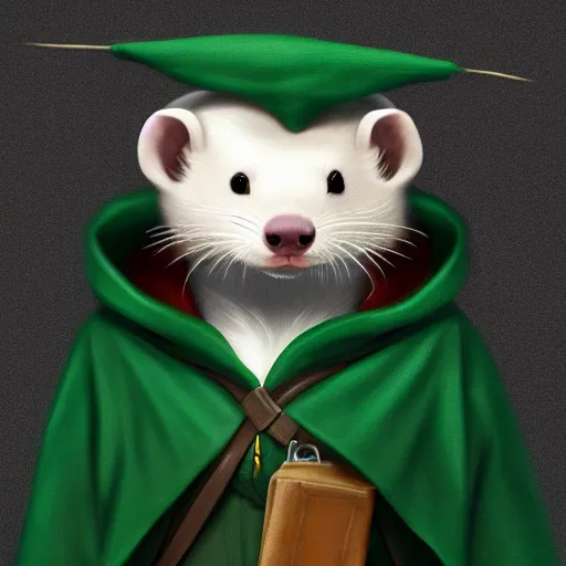 Image similar to a anthropomorphic ferret is dressed as a hogwarts student in slytherin robes, hyperdetailed, artstation, cgsociety, 8 k