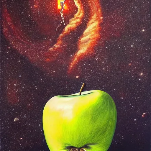 Image similar to An apple burning in space, photorealistic, desolate, terrifying, weird, strange, odd, uncanny, hyper realism, highly detailed, photorealism, smooth gradients, high contrast