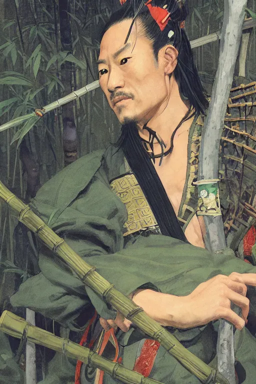Image similar to close up of a wandering samurai in full armor sitting in a dark bamboo forest, by huang guangjian and gil elvgren, sachin teng, greg manchess