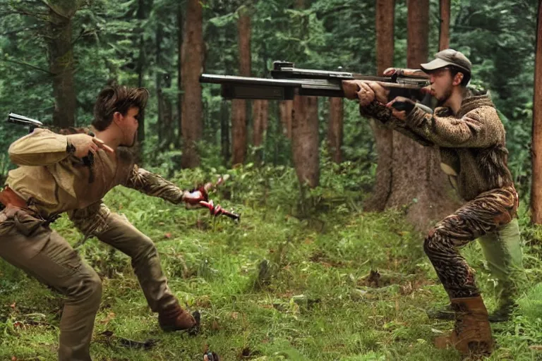 Image similar to two woodland creatures battling each other with guns, woodland setting