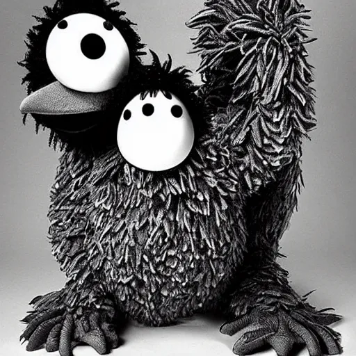 Image similar to big bird from sesame street, style of kentaro miura!!!!, black and white, undead