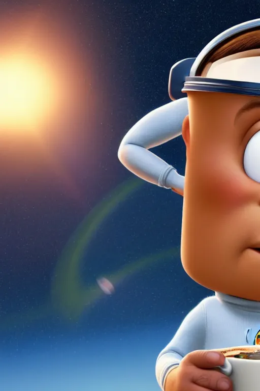 Image similar to portrait of a astronaut holding a cup of coffee with the earth in background, full body. pixar disney 4 k 3 d render funny animation movie oscar winning trending on artstation and behance, ratatouille style