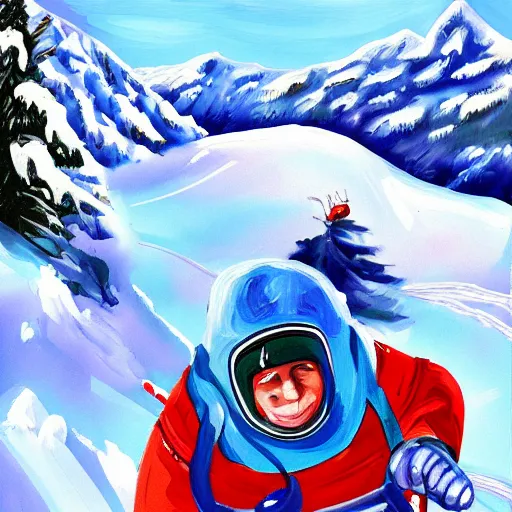 Image similar to Washing machine with legs and arms skiing down snowy mountain, digital painting, detailed, art, cartoon art,