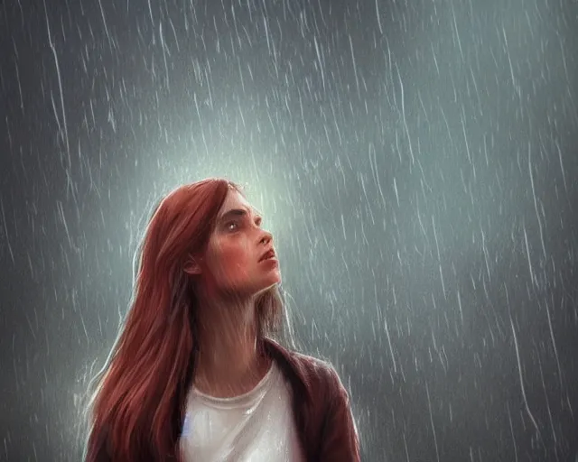 Prompt: woman standing in the rain looking up, digital art, detailed, artstation