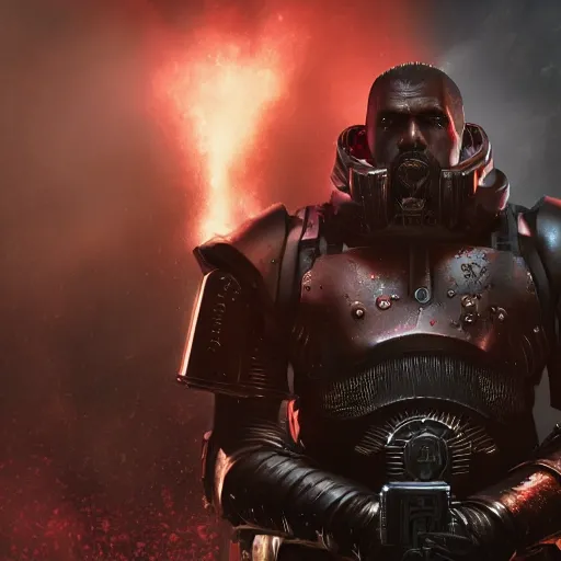 Image similar to Kanye West as the emperor of humanity from warhammer 40k in Gears of War, splash art, movie still, cinematic lighting, detailed face, face, dramatic, octane render, long lens, shallow depth of field, bokeh, anamorphic lens flare, 8k, hyper detailed, 35mm film grain