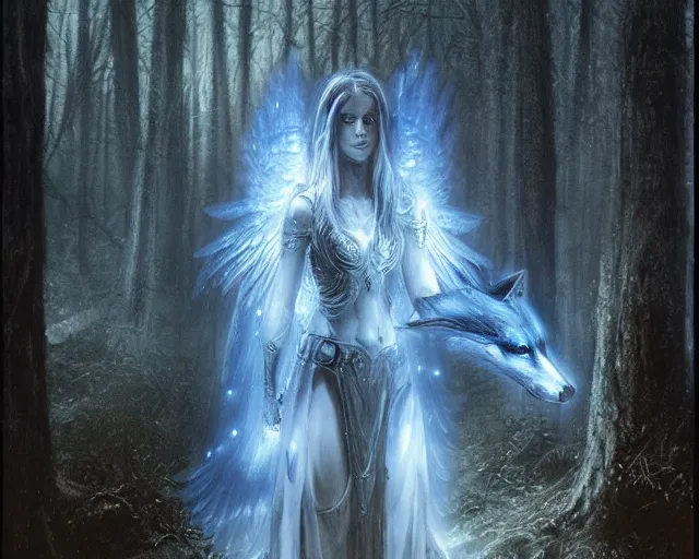 Image similar to 5 5 mm portrait photo of an armored holy wolf angelic with blue glowing eyes and looking at the camera, glowing with holy lights, holy energy, in a magical forest. magical atmosphere. art by greg rutkowski and luis royo. highly detailed 8 k. intricate. lifelike. soft light. nikon d 8 5 0.