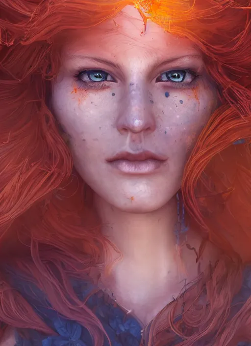 Prompt: beautiful portrait of female Robin Hood, orange flowing hair, magical, forest, sunset, blue mist, rain, symmetrical face, large grey eyes, pale, freckles, hyper realistic, digital art, octane render, trending on artstation, artstationHD, artstationHQ, unreal engine, 4k, 8k