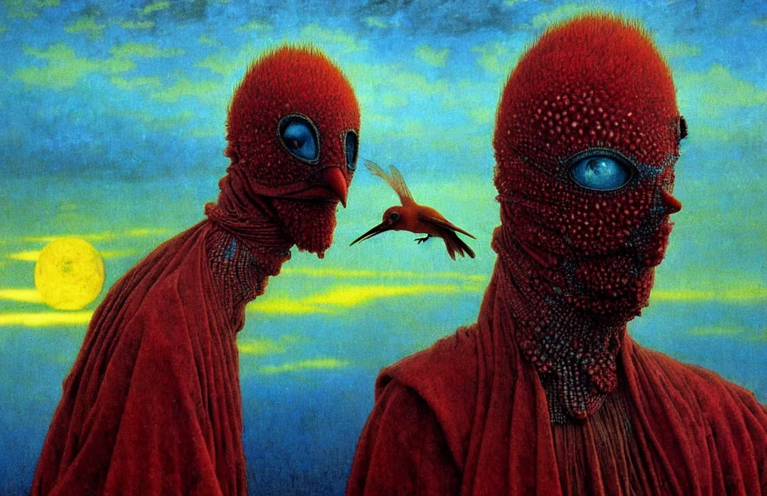 Image similar to realistic detailed portrait movie shot of a birdman wearing dark ragged robes, sci fi city sunset landscape background by denis villeneuve, amano, yves tanguy, alphonse mucha, ernst haeckel, max ernst, roger dean, masterpiece, rich moody colours, bird head, blue eyes