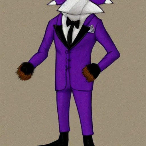 Image similar to colored pencil sketch of an anthropomorphic male purple fox furry fursona in a tuxedo with medium length black hair, handsome eyes, trending on artstation, furaffinity, posing with hands in pocket