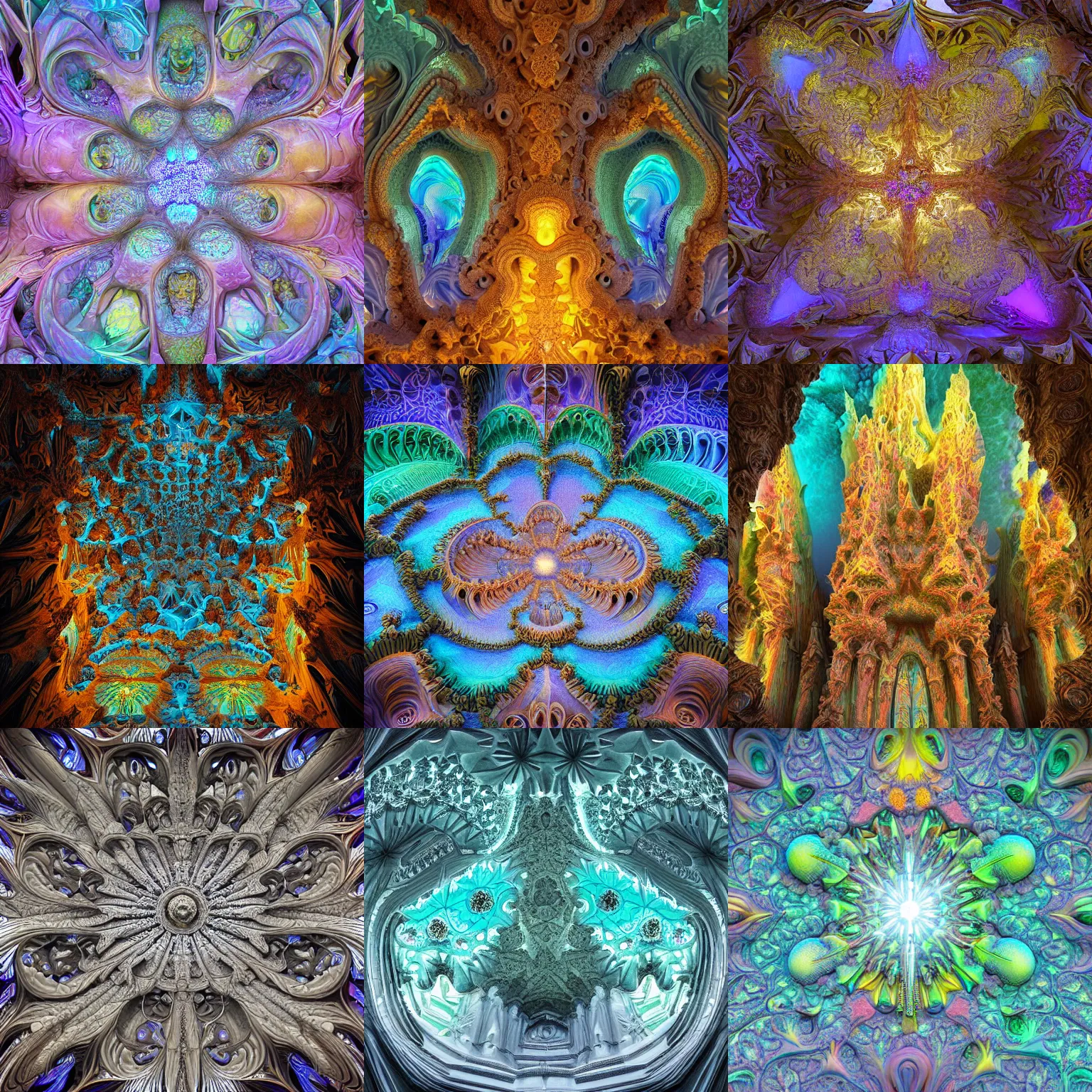 Prompt: a beautiful 3 d stone carving of an intricate mandelbrot fractal cathedral populated by fractals by android jones, carved soap, colorful scheme, unreal engine, volumetric lighting, dynamic lighting, bright, dramatic lighting, high contrast, carved marble, opalescent, sagrada familia arch, sacred geometry, religious, angelic, catholic punk, stark