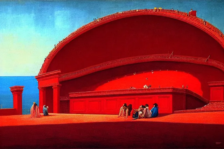 Image similar to only with red, a red great emperor, taormina amphitheatre, expressive crowd hails him, in the style of beksinski, parts by edward hopper, parts by rodcenko, parts by yue minjun, intricate and epic composition, red by caravaggio, insanely quality, highly detailed, masterpiece, red light, artstation, 4 k