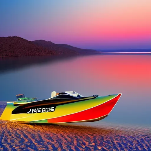 Image similar to a beautiful jet boat on the lake, Greece, in the style of Miami vice, reflective, clear water, cliffs, beach, sunset