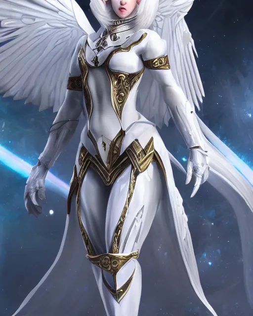 Image similar to perfect white haired egyptian goddess wearing white dove wings, warframe armor, regal, attractive, ornate, sultry, beautiful, ice queen, half asian, pretty face, blue eyes, detailed, scifi platform, 4 k, ultra realistic, epic lighting, android body, illuminated, cinematic, masterpiece, art by akihito tsukushi, voidstar