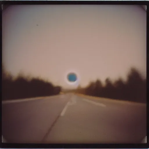 Image similar to a circle of lights flying through the sky, blurry photo, old polaroid, expired film, historical photo,