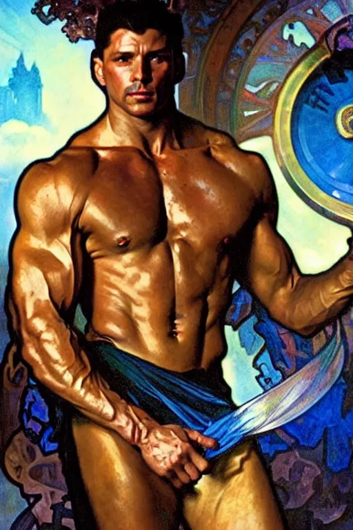 Prompt: a muscular man holding blue diamonds, fantasy, painting by greg rutkowski and alphonse mucha