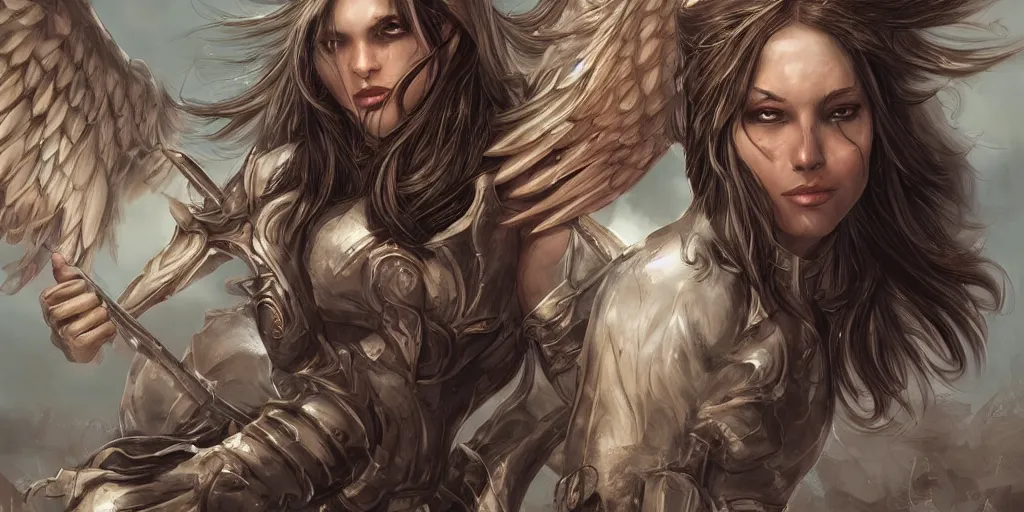 Image similar to female angel warrior. digital art, detailed by magali villeneuve