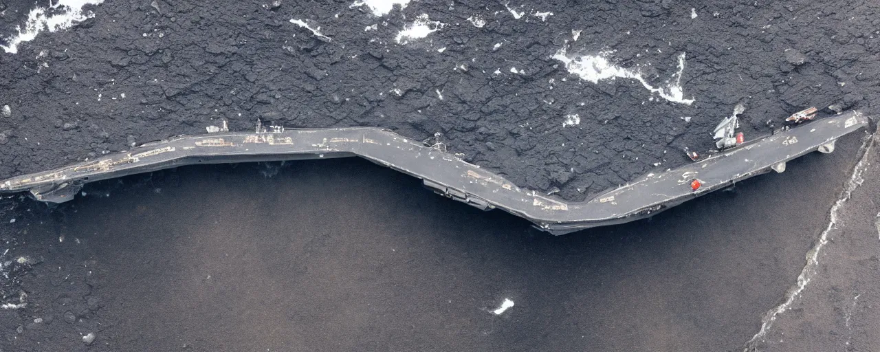 Image similar to low angle cinematic aerial shot of abandoned aircraft carrier attacked by godzilla in the middle of black sand beach in iceland